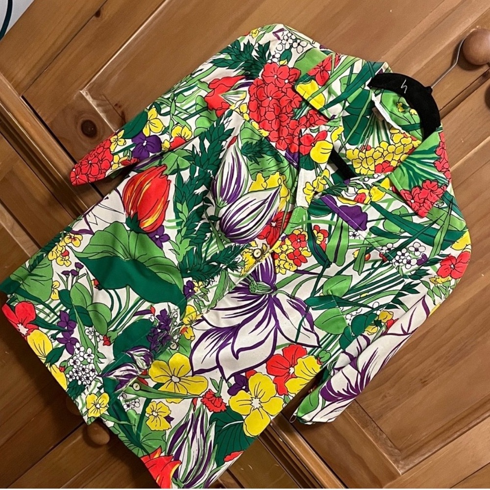 Retro JcPenny Vibrant Tropical Floral Button-Up Shirt- sz 12